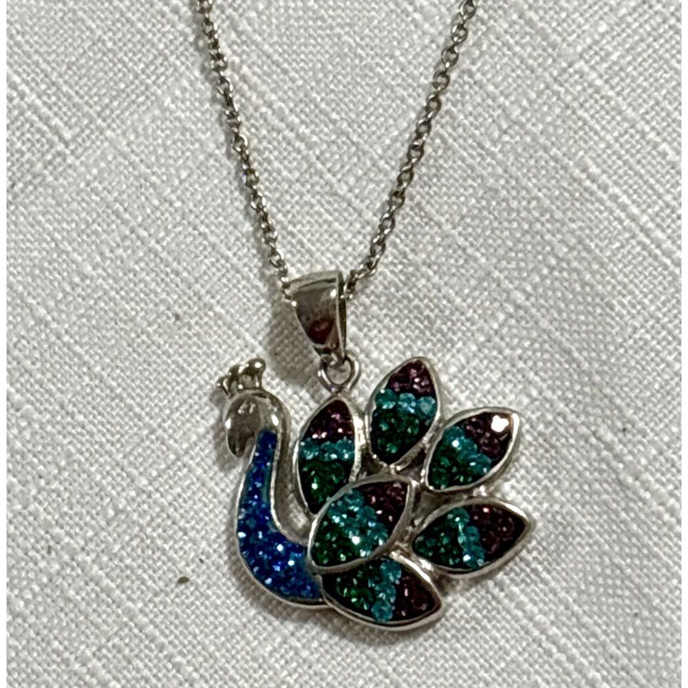 Vintage Silver Tone Blue Green Peacock Floral Pendant Necklace